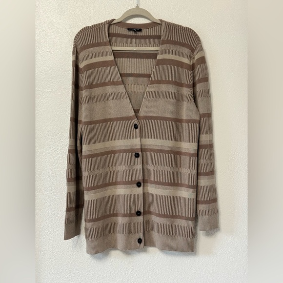 Lafayette 148 New York V-neck Ribbed Button Front Cardigan, Tan Size XL - Picture 2 of 9